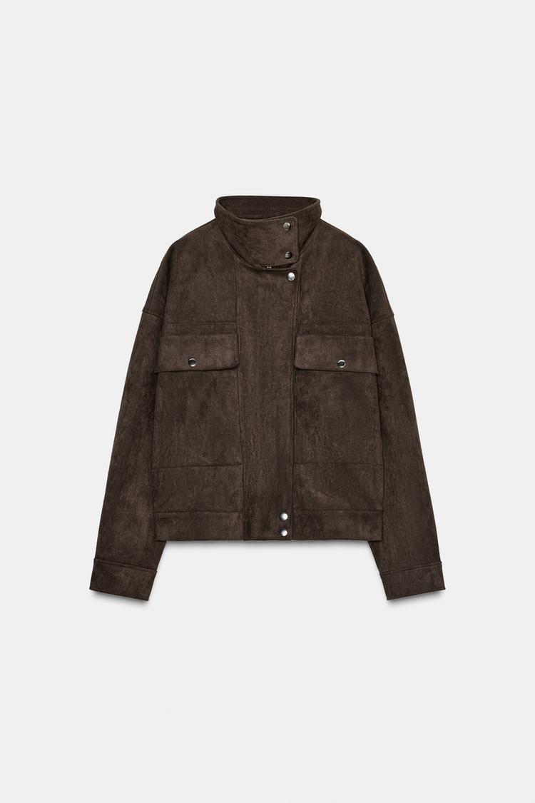 Suede-effect Loose-Fitting Bomber Jacket