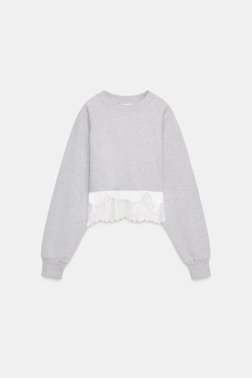 Lace-Trimmed Cropped Sweatshirt