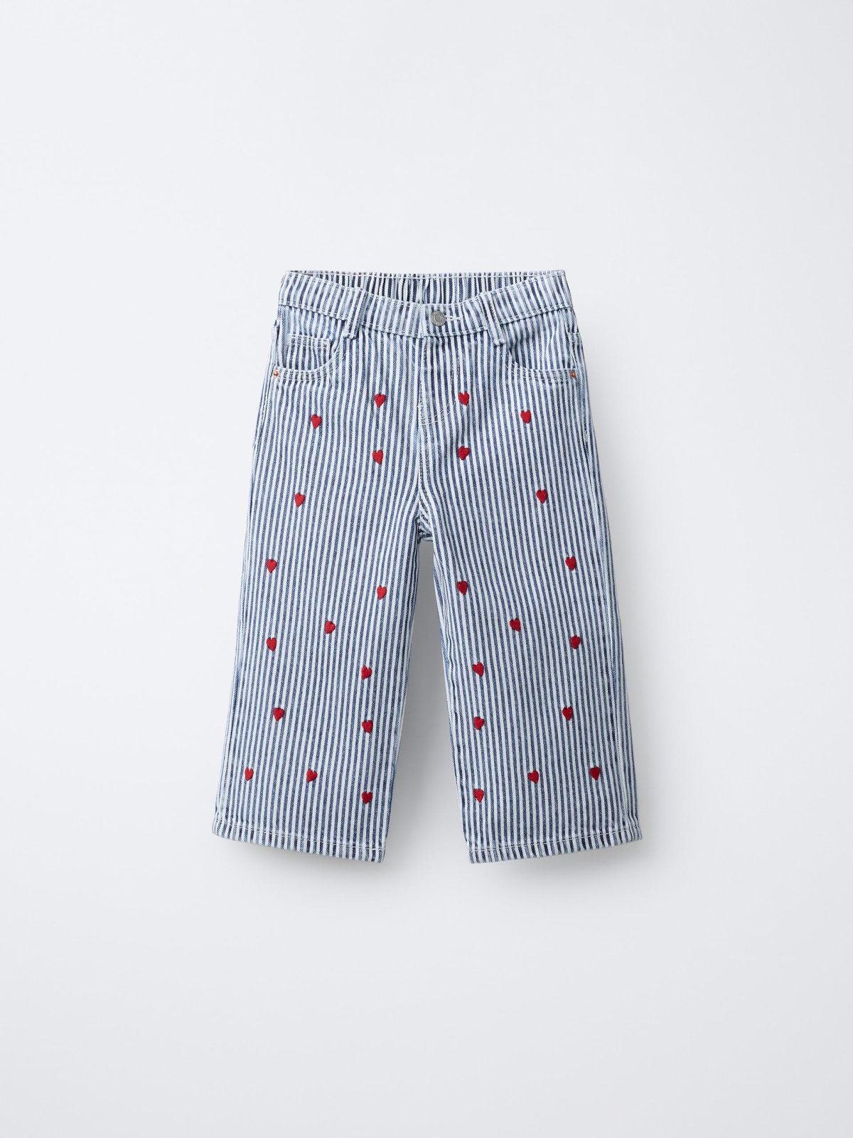 Striped Wide-Leg Jeans With Heart-Shaped Embroidery