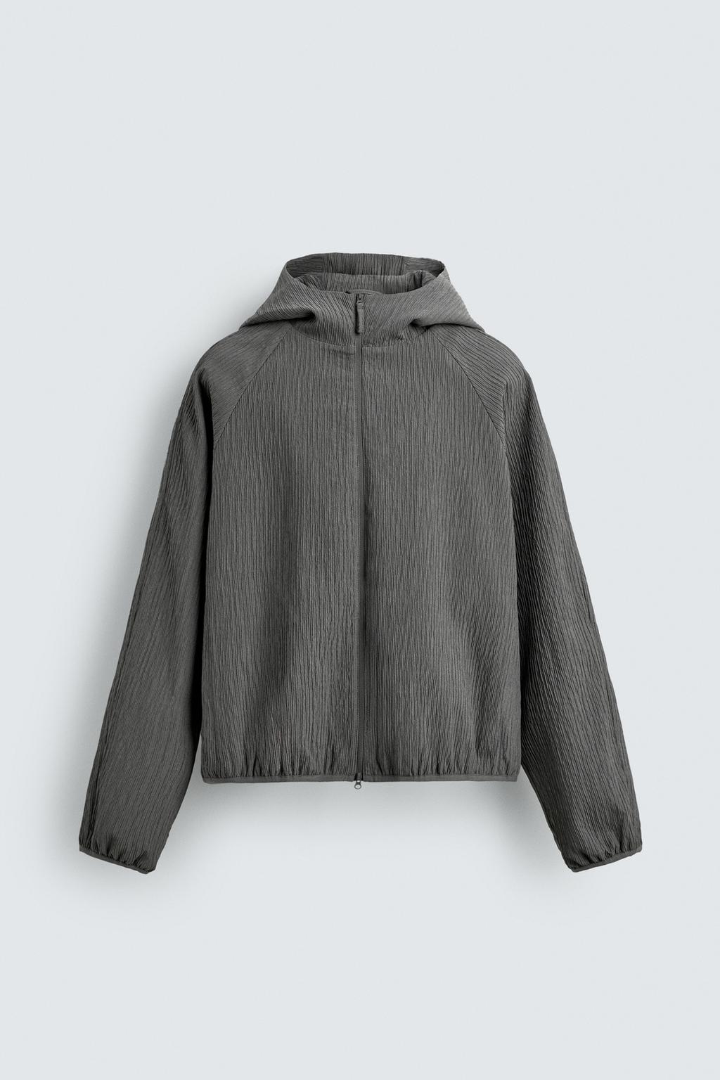 Square-Cut Hooded Jacket With Wrinkle Effect